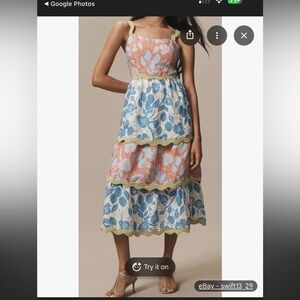 Farm Rio x Anthropologie Linen Blend Tiered Ric Rac Dress Women’s Small